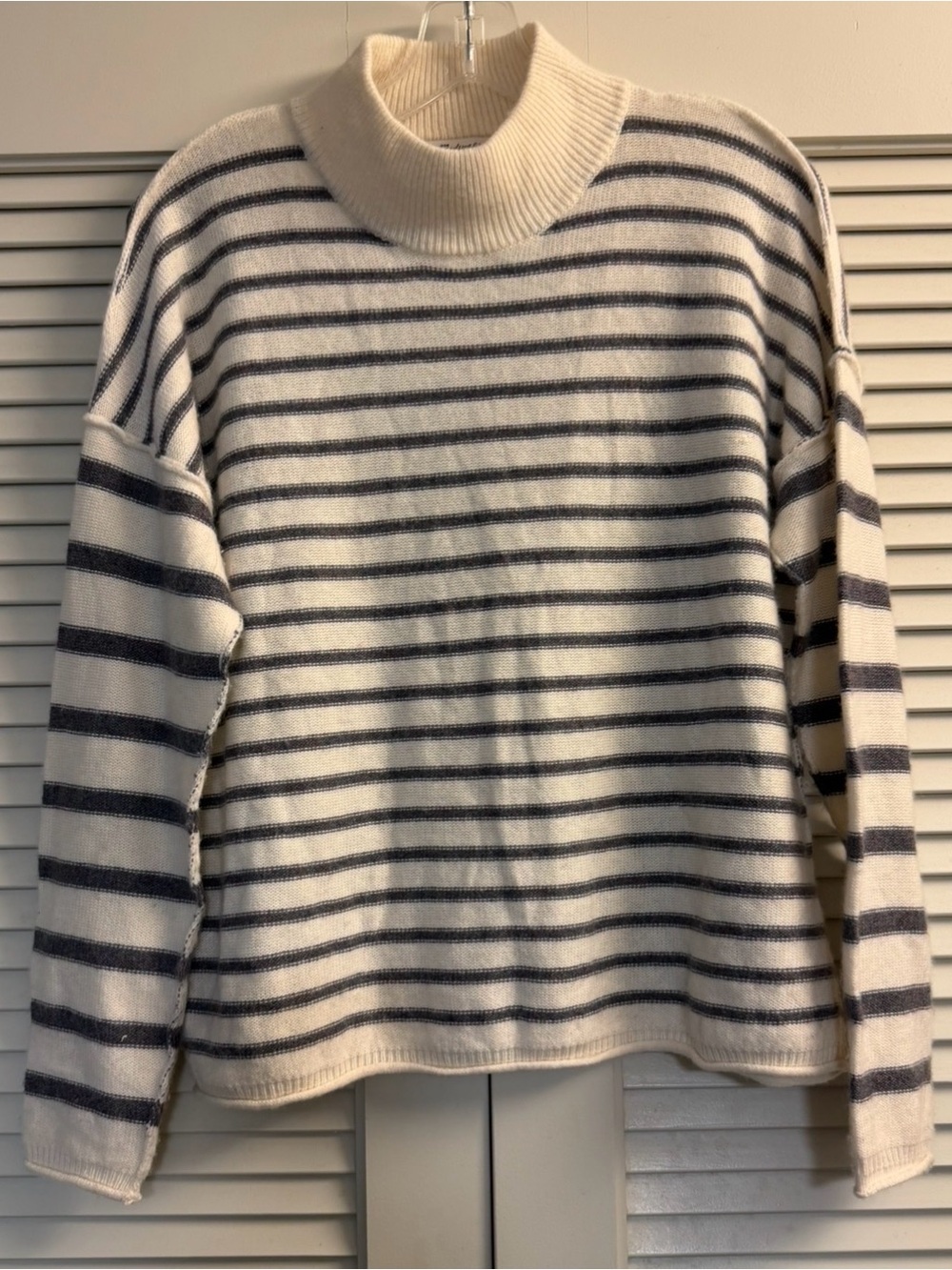 Madewell Stripe-Play Mockneck Pullover Sweater  XXS Ivory Grey Merino Wool